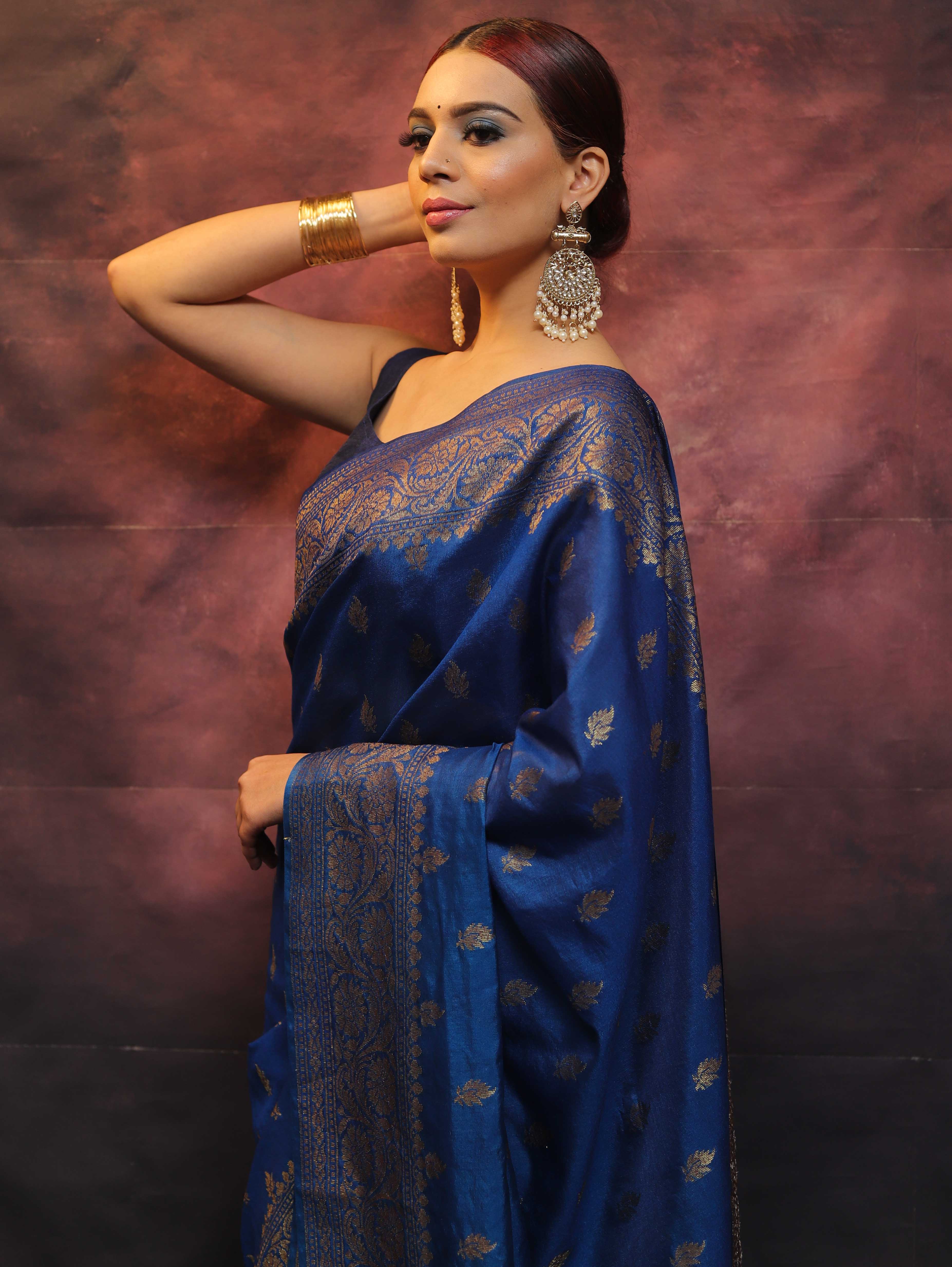 Banarasee Semi-Chiffon Saree With Antique Gold Zari Work-Cobalt Blue