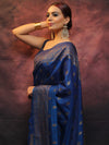 Banarasee Semi-Chiffon Saree With Antique Gold Zari Work-Cobalt Blue