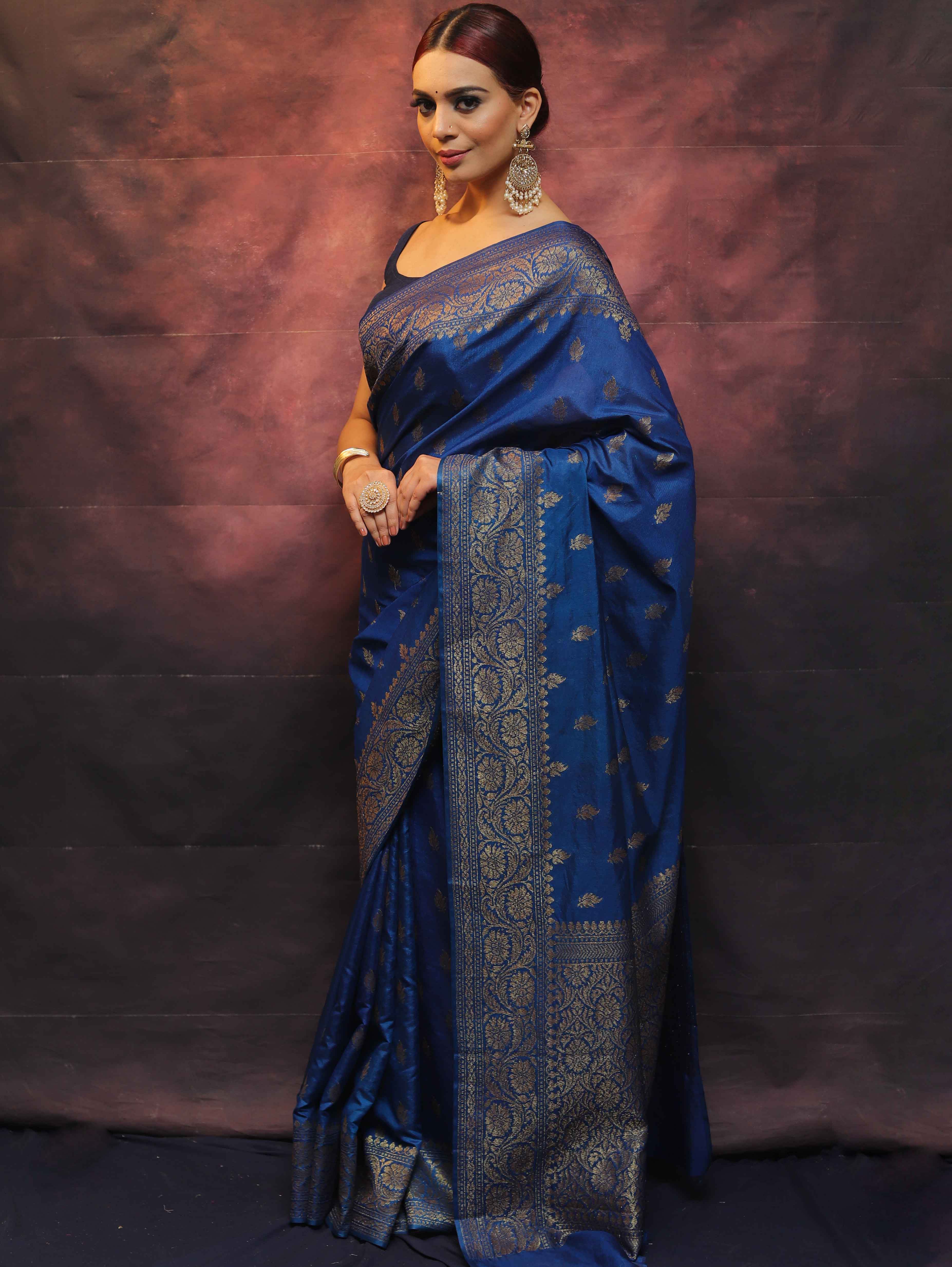 Banarasee Semi-Chiffon Saree With Antique Gold Zari Work-Cobalt Blue