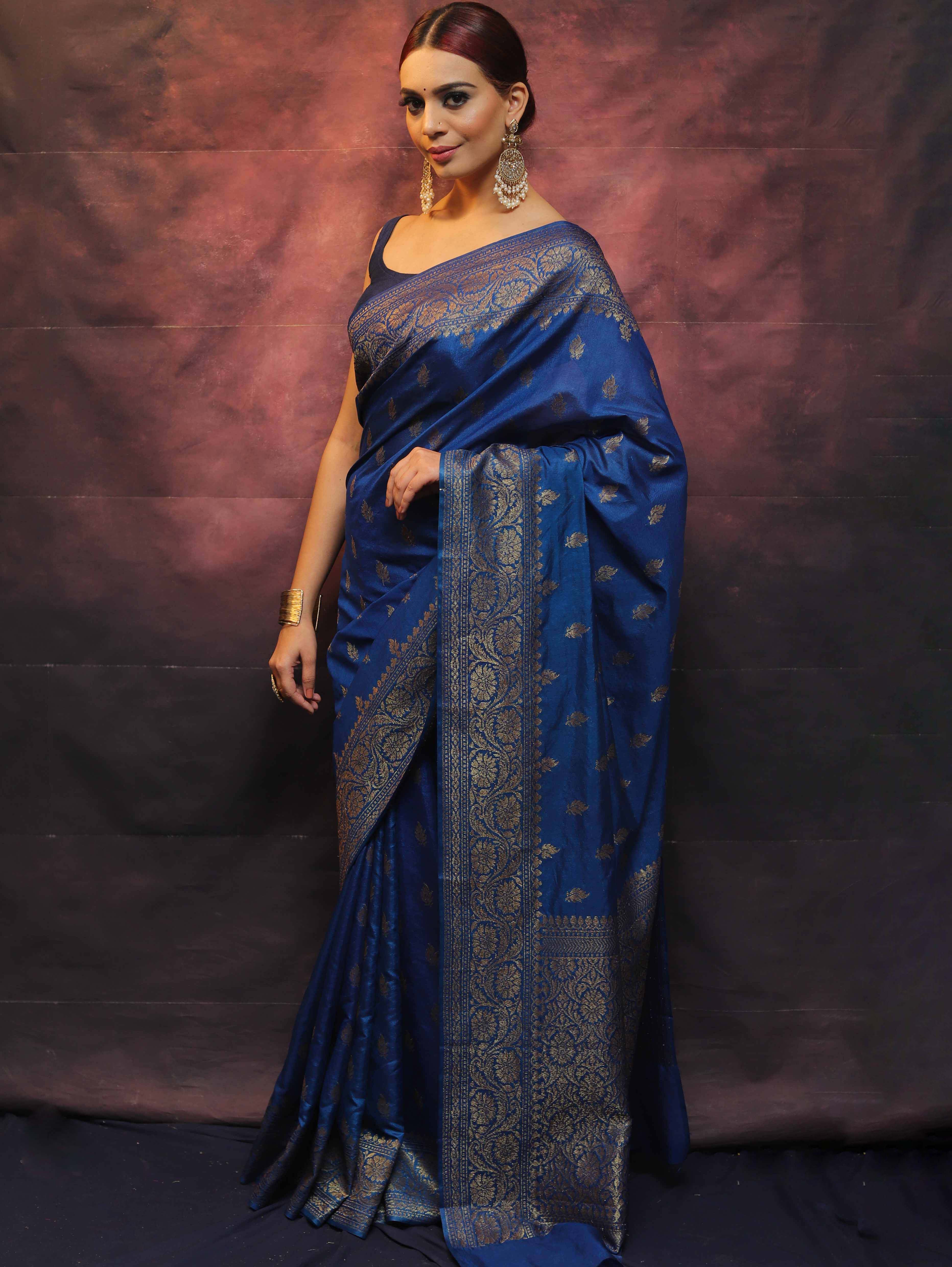 Banarasee Semi-Chiffon Saree With Antique Gold Zari Work-Cobalt Blue
