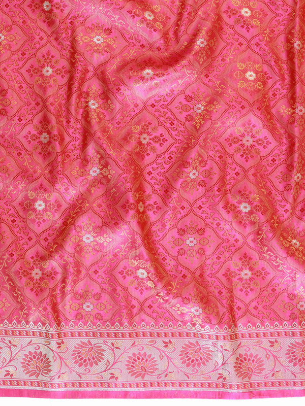 Banarasee Handwoven Semi-Katan Tanchoi Weaving Floral Border Saree-Grey & Pink