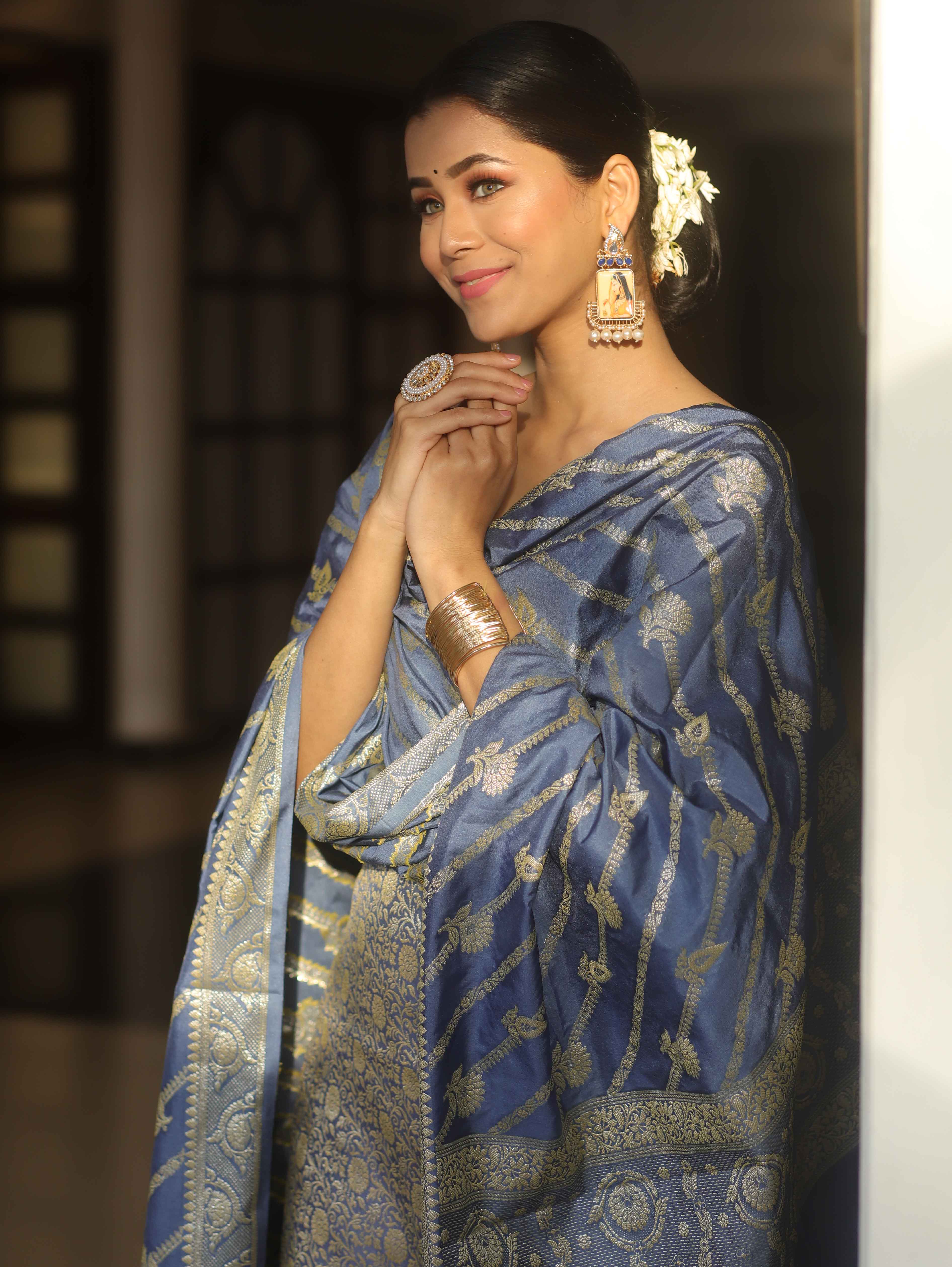 Banarasee Semi Katan Silk Salwar Kameez Fabric With Dupatta Zari Work-Grey