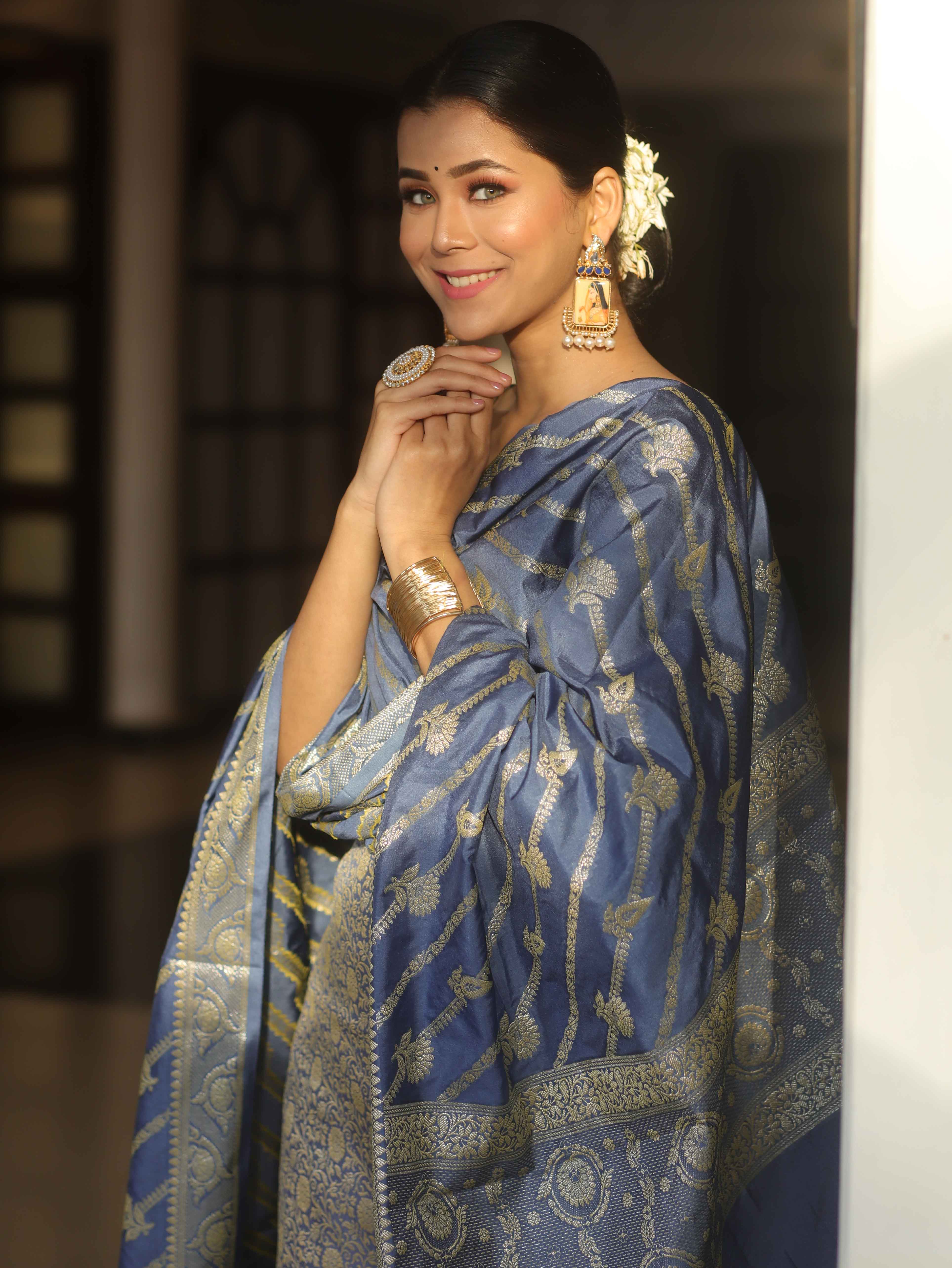 Banarasee Semi Katan Silk Salwar Kameez Fabric With Dupatta Zari Work-Grey