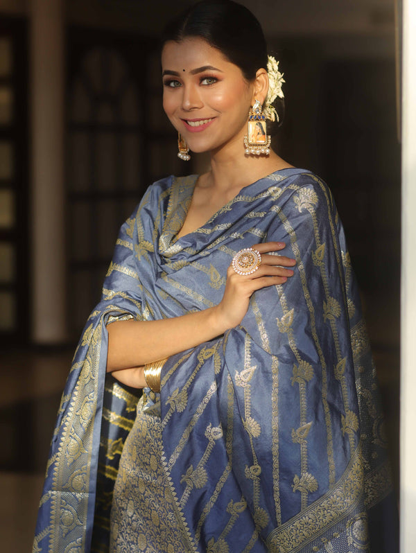 Banarasee Semi Katan Silk Salwar Kameez Fabric With Dupatta Zari Work-Grey