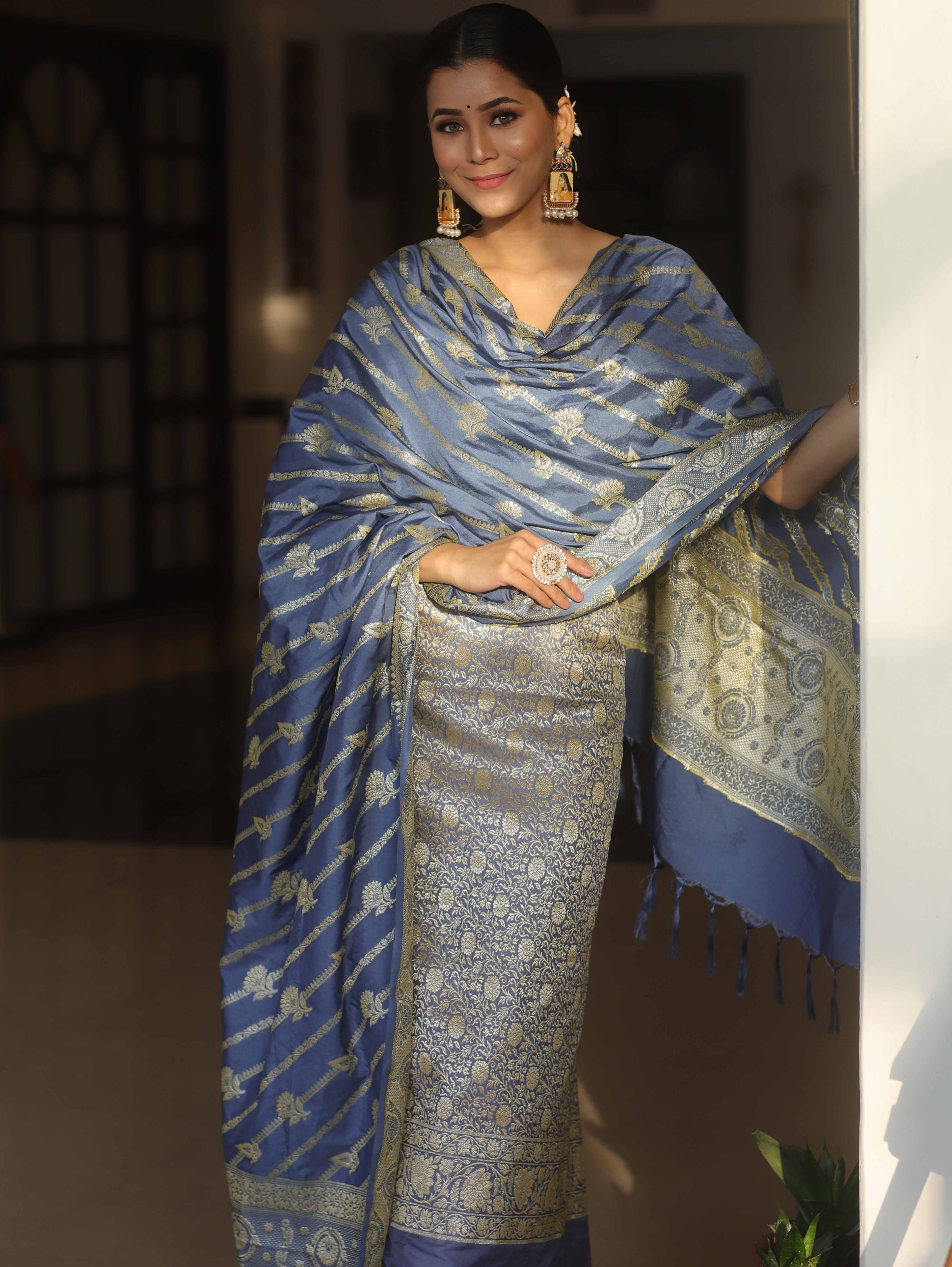 Banarasee Semi Katan Silk Salwar Kameez Fabric With Dupatta Zari Work-Grey