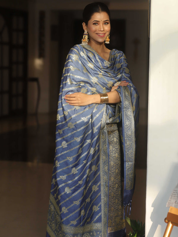 Banarasee Semi Katan Silk Salwar Kameez Fabric With Dupatta Zari Work-Grey