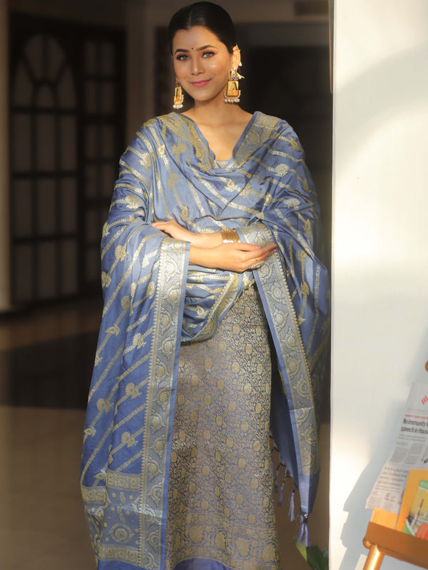 Banarasee Semi Katan Silk Salwar Kameez Fabric With Dupatta Zari Work-Grey