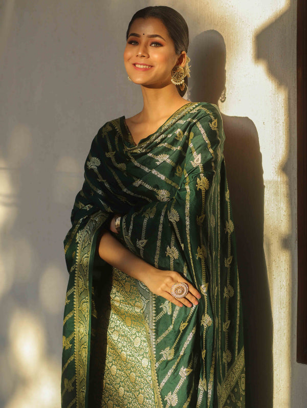 Banarasee Semi Katan Silk Salwar Kameez Fabric With Dupatta Zari Work-Green