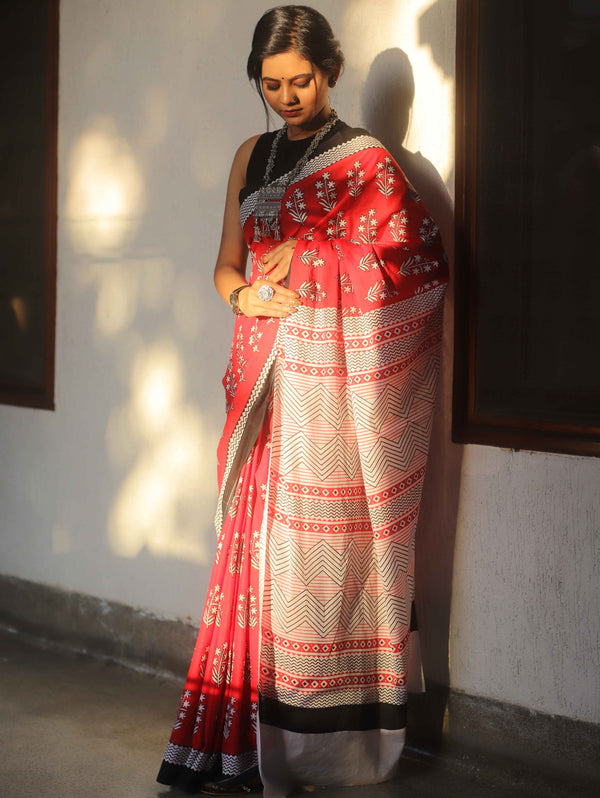 Handloom Mul Cotton Hand-Block Print Saree-Red