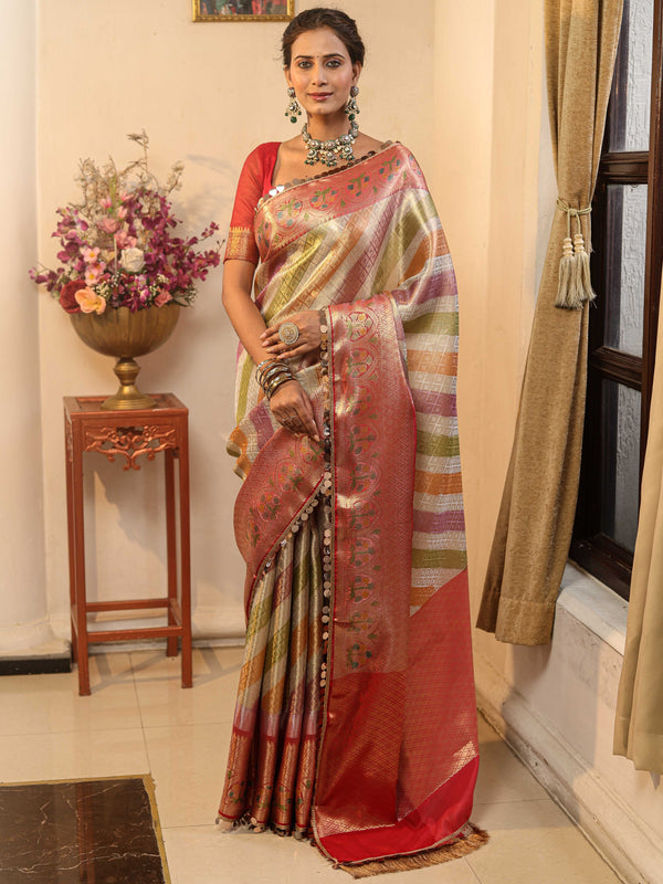 Banarasee Handwoven Tissue Saree With Zari Design & Lace-Multicolor
