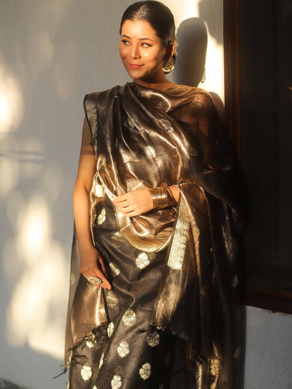 Banarasee Chanderi Zari Buti Salwar Kameez Fabric With Tissue Dupatta-Black