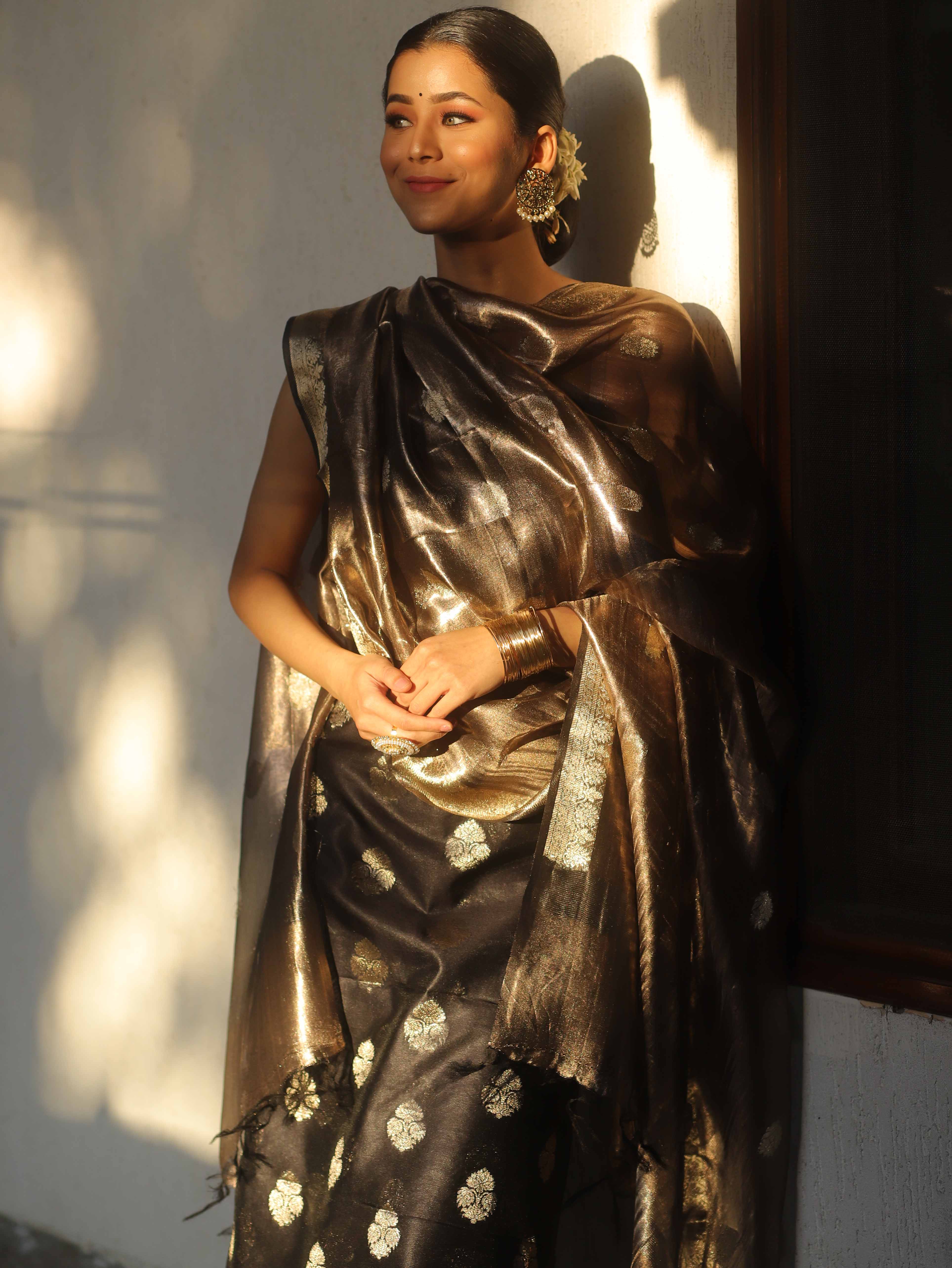 Banarasee Chanderi Zari Buti Salwar Kameez Fabric With Tissue Dupatta-Black