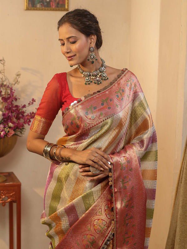 Banarasee Handwoven Tissue Saree With Zari Design & Lace-Multicolor