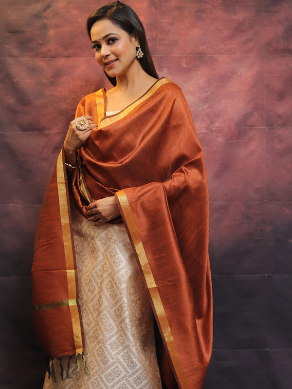 Banarasee Brocade Work Salwar Kameez Fabric & Plain Dupatta-White & Brown
