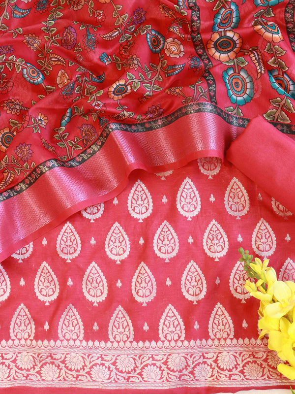 Banarasee Chanderi Cotton Kameez Zari Buti Fabric With Digital Print Dupatta-Pink