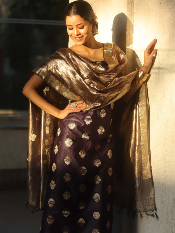 Banarasee Chanderi Zari Buti Salwar Kameez Fabric With Tissue Dupatta-Blue