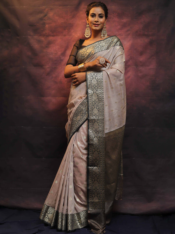 Banarasee Cotton Silk Mix Banswada Sari With Zari Buta & Contrast Border-Grey & Black