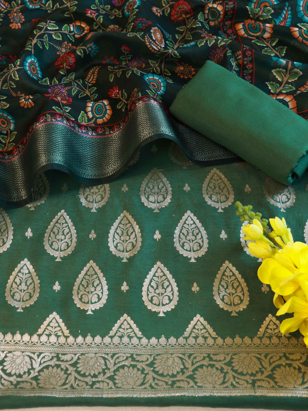 Banarasee Chanderi Cotton Kameez Zari Buti Fabric With Digital Print Dupatta-Green