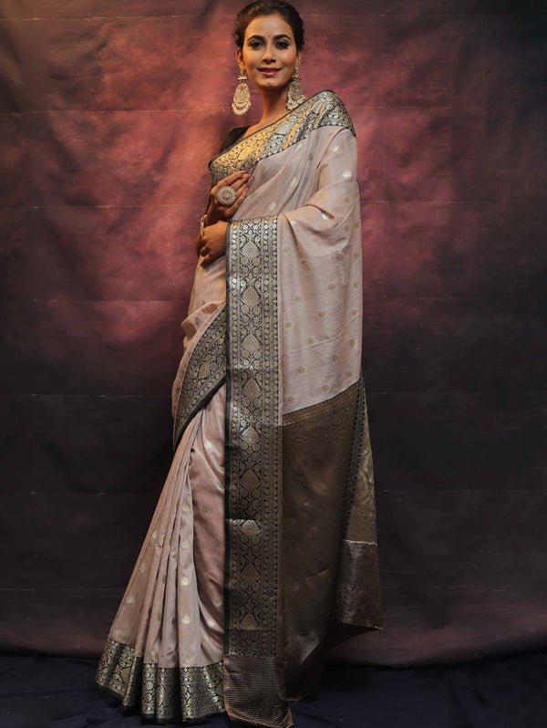 Banarasee Cotton Silk Mix Banswada Sari With Zari Buta & Contrast Border-Grey & Black