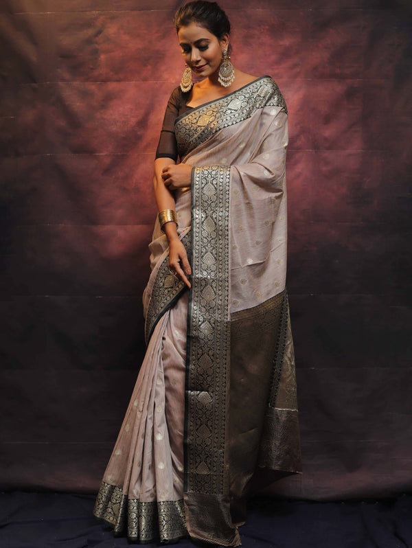 Banarasee Cotton Silk Mix Banswada Sari With Zari Buta & Contrast Border-Grey & Black
