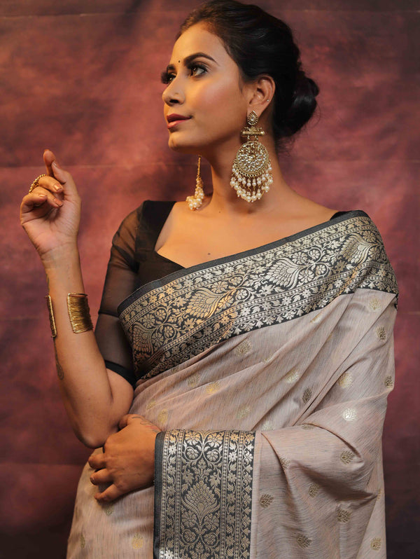 Banarasee Cotton Silk Mix Banswada Sari With Zari Buta & Contrast Border-Grey & Black