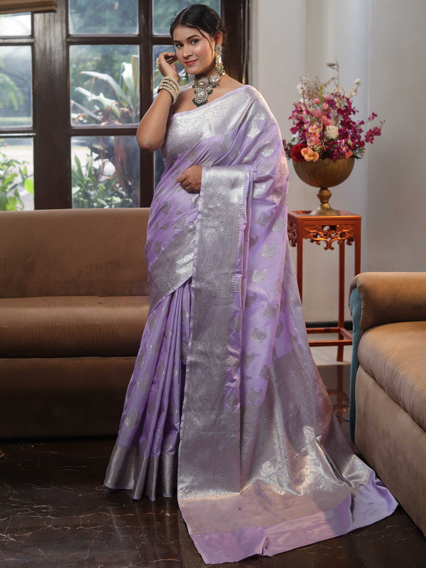 Banarasee Handwoven Semi Silk Saree With Silver Zari Buta Design-Lavender