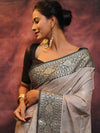 Banarasee Cotton Silk Mix Banswada Sari With Zari Buta & Contrast Border-Grey & Black