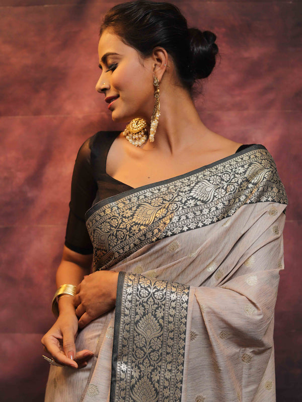 Banarasee Cotton Silk Mix Banswada Sari With Zari Buta & Contrast Border-Grey & Black