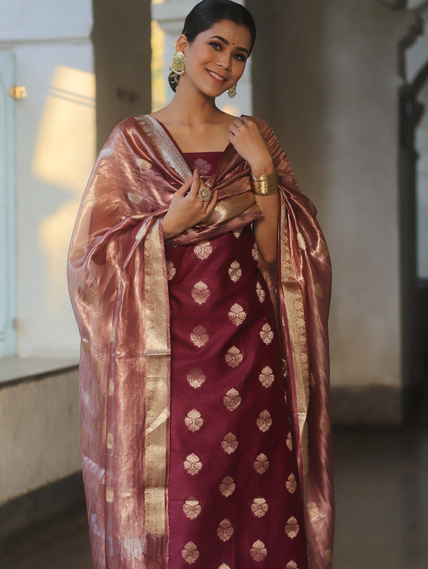 Banarasee Chanderi Zari Buti Salwar Kameez Fabric With Tissue Dupatta-Magenta