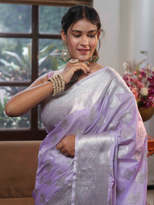 Banarasee Handwoven Semi Silk Saree With Silver Zari Buta Design-Lavender
