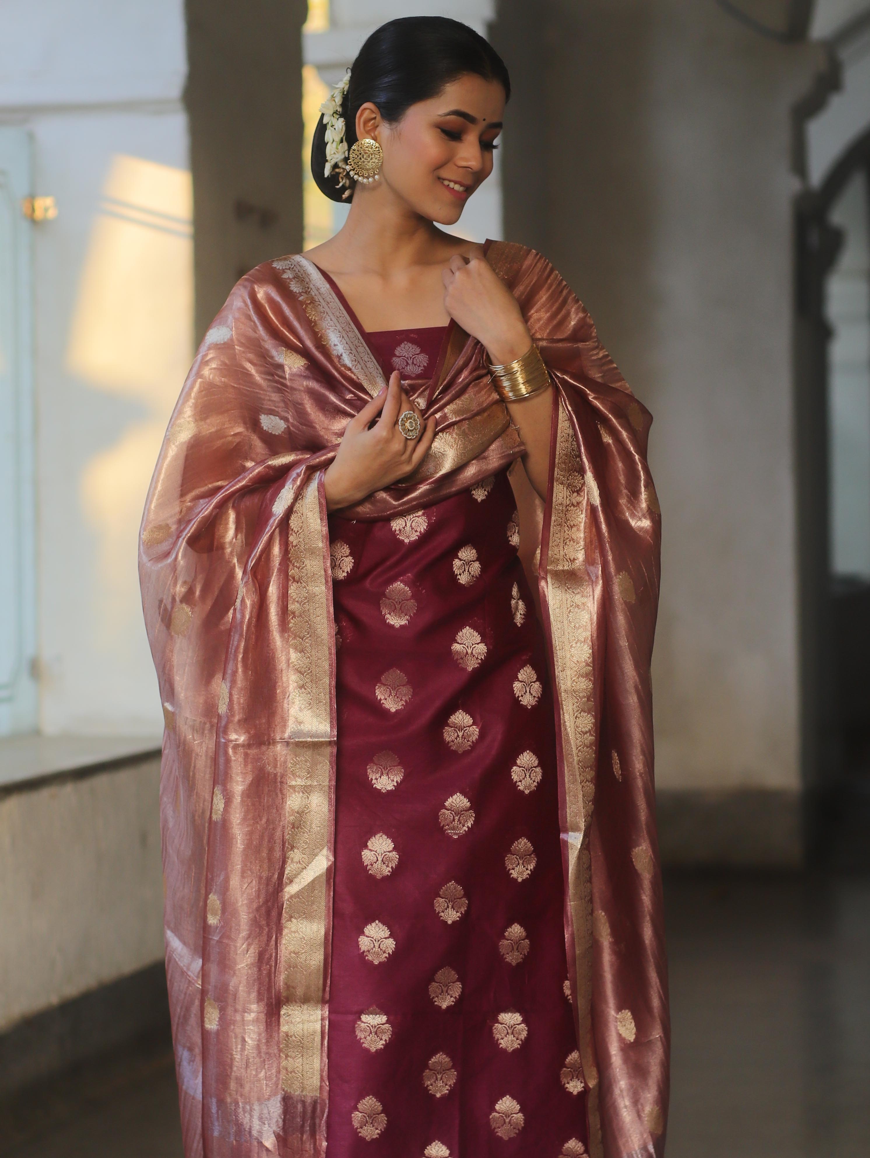 Banarasee Chanderi Zari Buti Salwar Kameez Fabric With Tissue Dupatta-Magenta