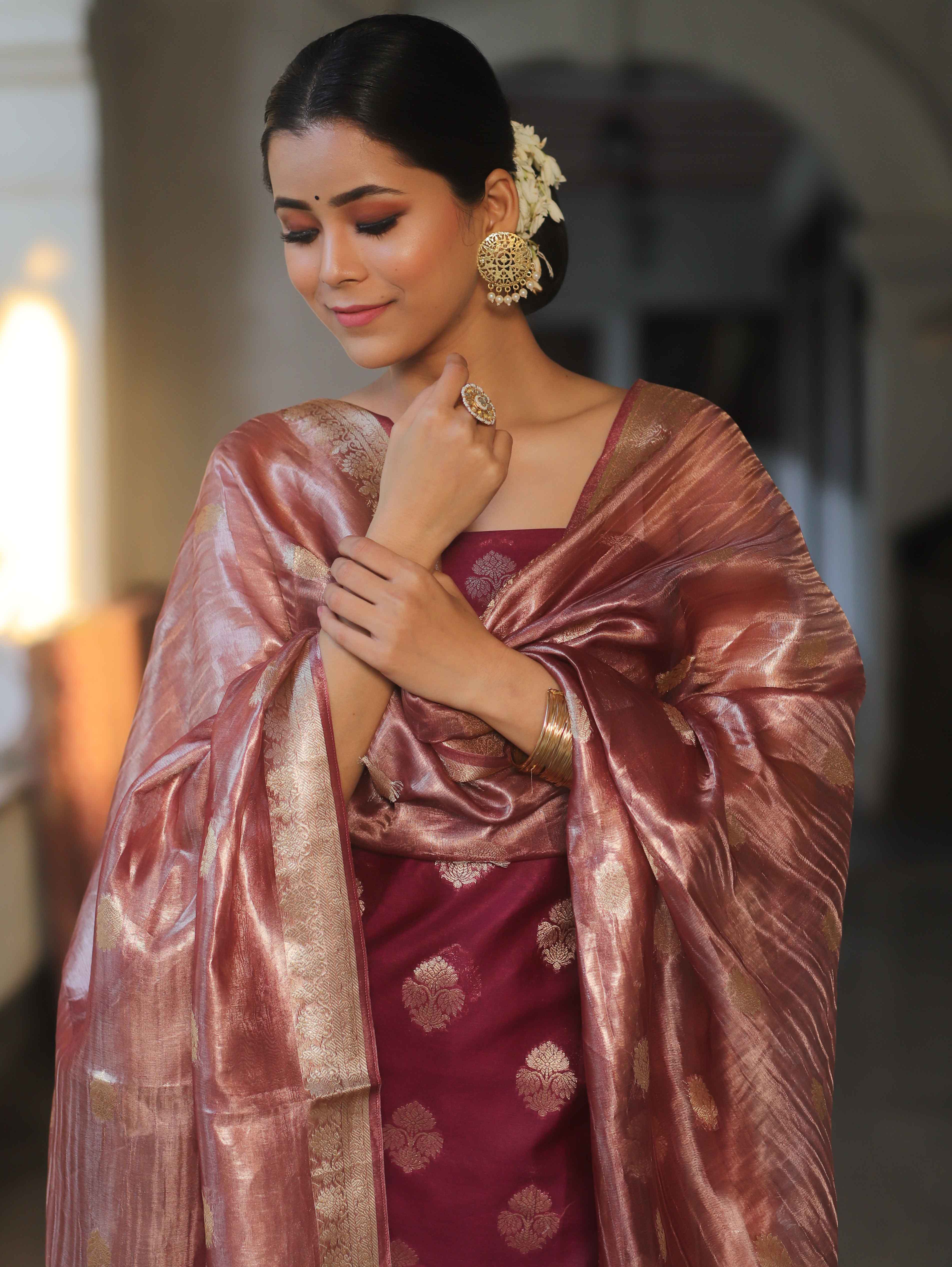 Banarasee Chanderi Zari Buti Salwar Kameez Fabric With Tissue Dupatta-Magenta