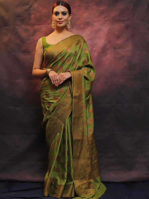 Banarasee Pure Handloom Muga Silk Saree With Resham & Zari Weaving-Green