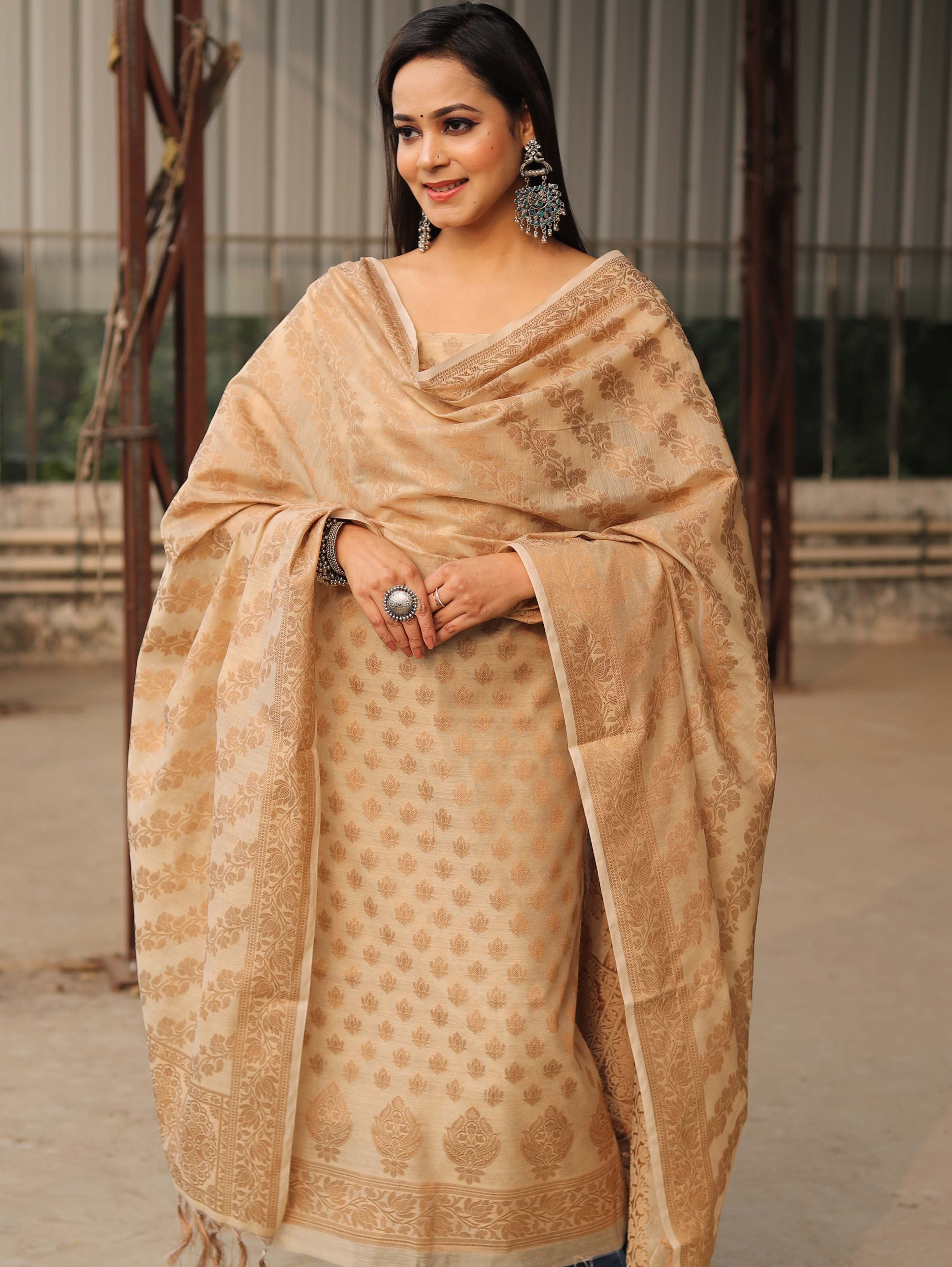 Banarasee Soft Cotton Ghichha Work Salwar Kameez Fabric With Dupatta-Beige