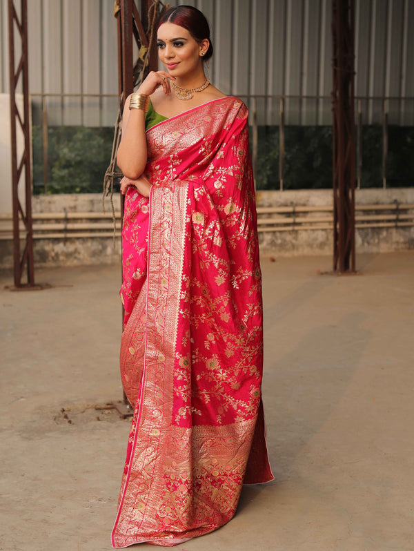 Banarasee Handwoven Semi Silk Saree With Zari Jaal Design-Pink
