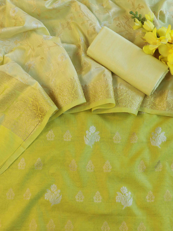 Banarasee Chanderi Cotton Shaded Salwar Kameez Fabric With Dupatta-Light Green