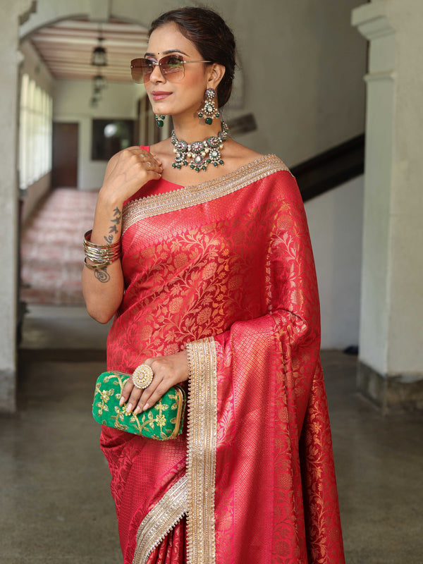 Banarasee Handwoven Semi Silk Saree With Zari Jaal Design Contrast Border & Lace-Maroon & Pink