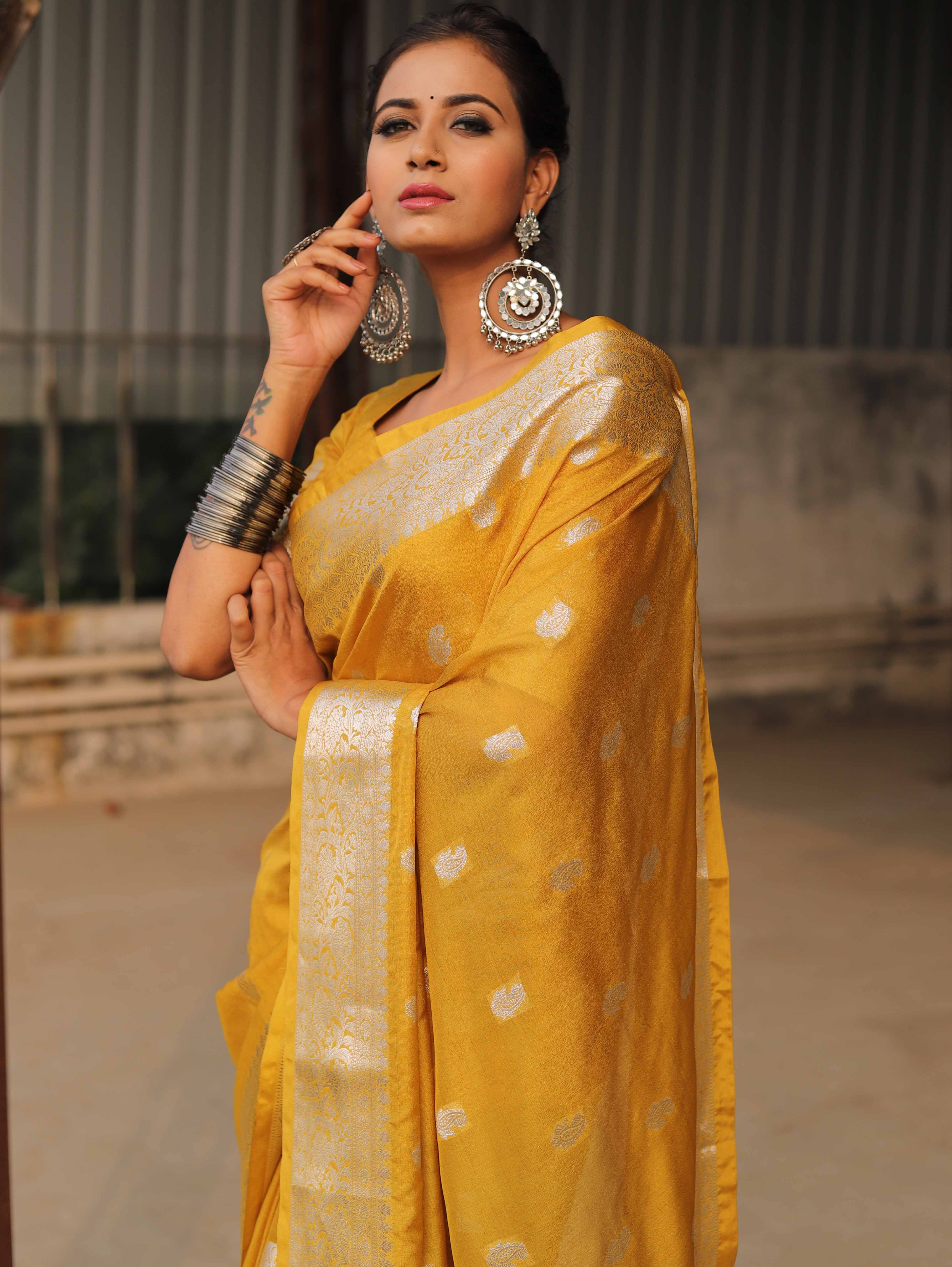 Banarasee Handwoven Semi-Chiffon Saree With Silver Zari Work-Yellow