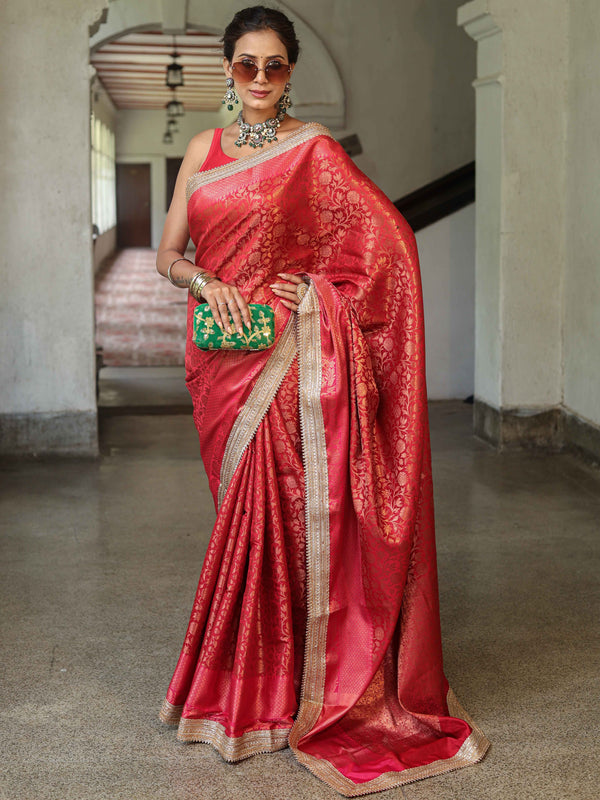 Banarasee Handwoven Semi Silk Saree With Zari Jaal Design Contrast Border & Lace-Maroon & Pink