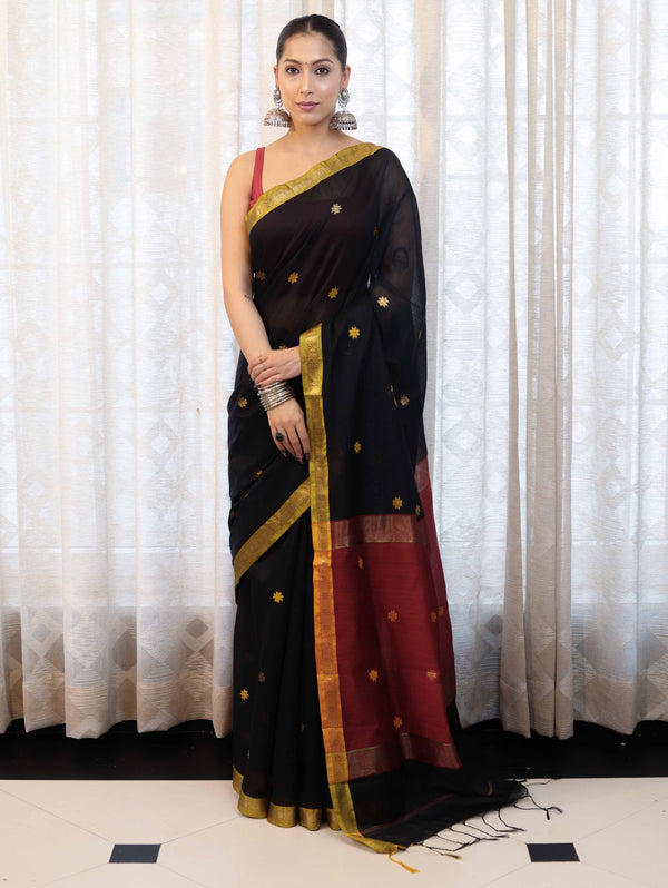 Banarasee Handloom Cotton Silk Saree With Buti Design & Contrast Pallu-Black & Maroon