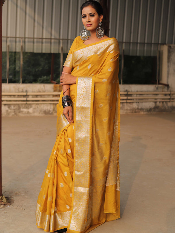 Banarasee Handwoven Semi-Chiffon Saree With Silver Zari Work-Yellow