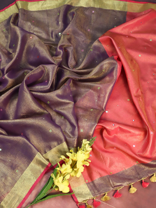 Banarasee Linen By Tissue Metallic Shine Saree With Mirror Work-Purple & Pink