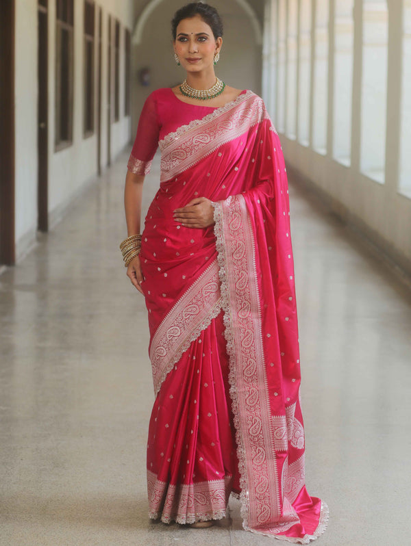 Banarasee Handloom Mashru Silk Saree Zari Border With Lace-Pink