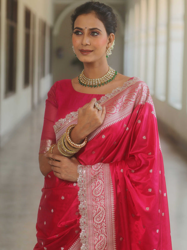 Banarasee Handloom Mashru Silk Saree Zari Border With Lace-Pink