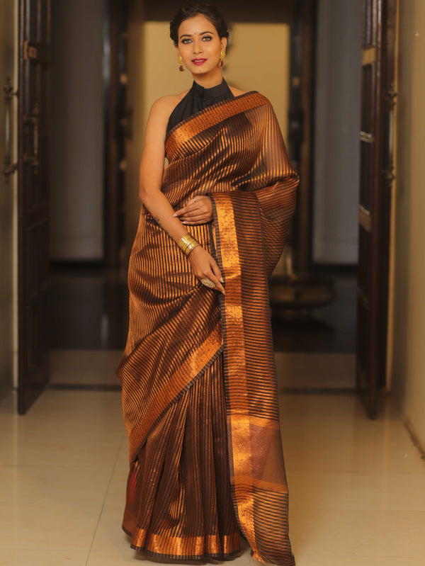 Banarasee Handwoven Striped Tissue Saree-Black