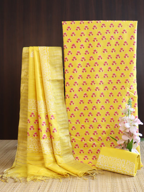 Handloom Block Printed Cotton Silk Salwar Kameez Dupatta Set-Yellow