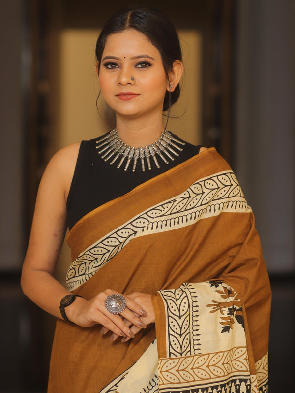 Handloom Mul Cotton Hand-Block Print Saree-Brown