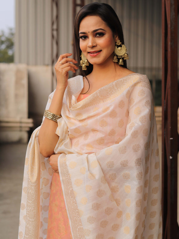 Banarasee Chanderi Cotton Salwar Kameez Set With Zari Work-Peach & White