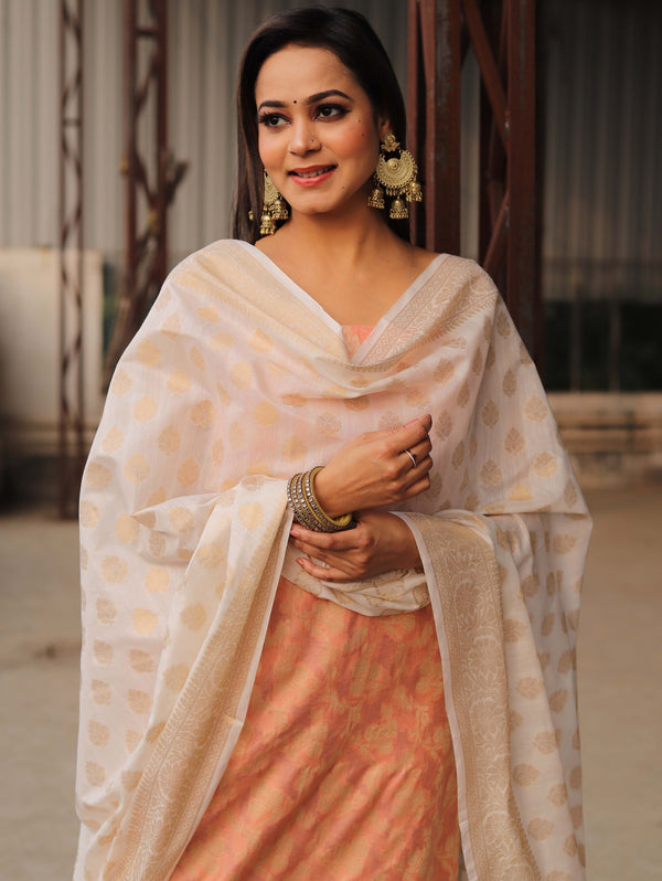 Banarasee Chanderi Cotton Salwar Kameez Set With Zari Work-Peach & White
