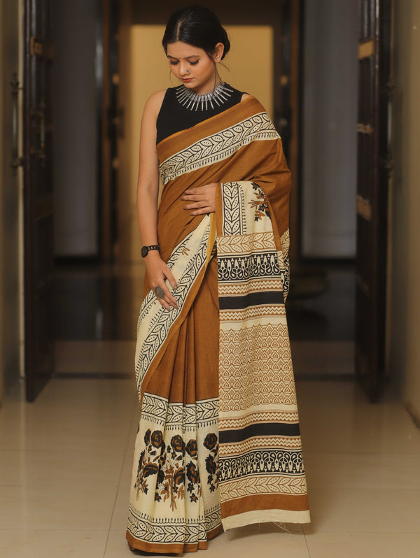 Handloom Mul Cotton Hand-Block Print Saree-Brown